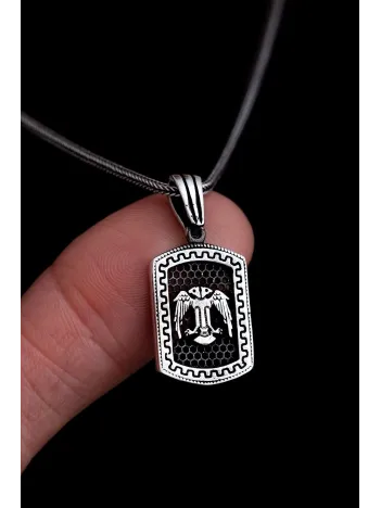 Erkek Gümüş Kolye - Grek Desenli Çift Başlı Kartal Model Gümüş Erkek Kolye