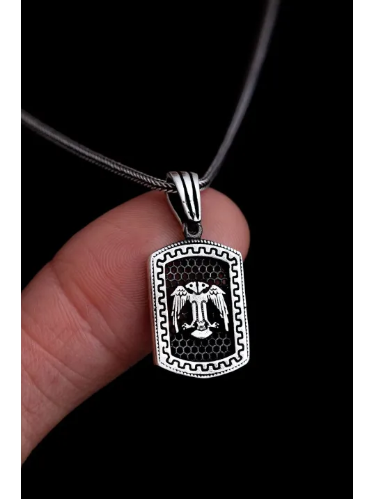 Erkek Gümüş Kolye - Grek Desenli Çift Başlı Kartal Model Gümüş Erkek Kolye