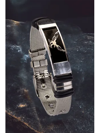 Erkek Çelik Bileklik - Hasır Model Kartal Motifli Çelik Bileklik
