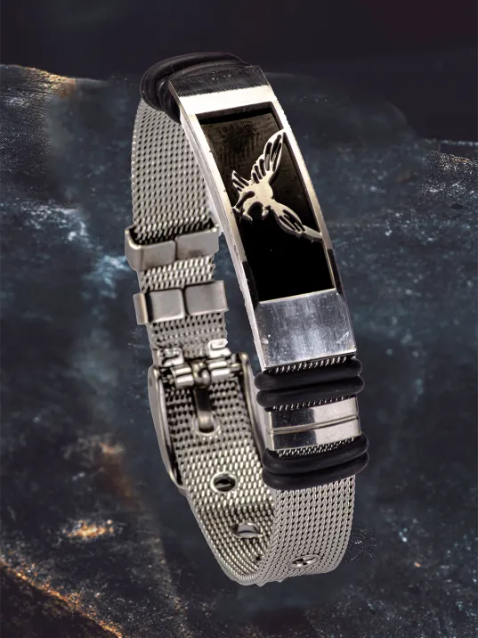 Erkek Çelik Bileklik - Hasır Model Kartal Motifli Çelik Bileklik