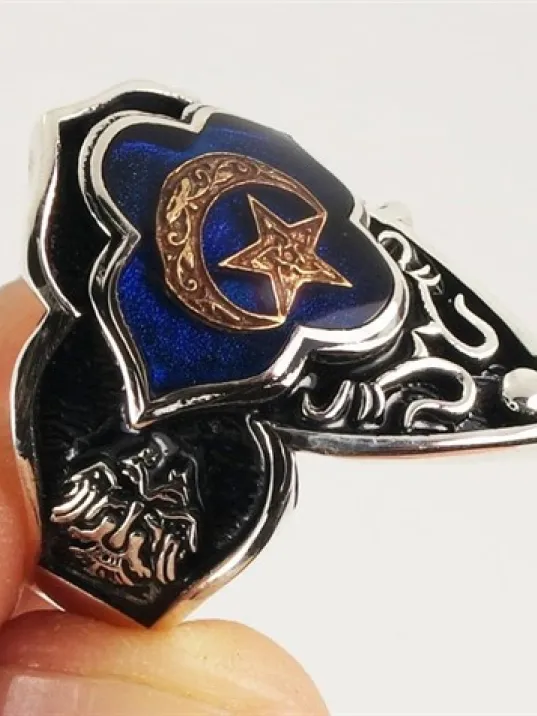 Gümüş Erkek Zihgir Başparmak Yüzük Mavi Ay Yıldız Model Gümüş Erkek Zihgir Başparmak Yüzük Mavi Ay Yıldız Model