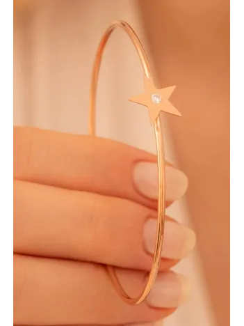 Kadın Gümüş Bileklik - El Yapımı Rose Kaplama Gümüş Zirkon Taşlı Yıldız Motifli Kadın Bileklik