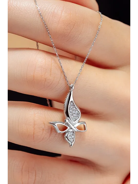 Kadın Gümüş Kolye - Swarovski Taşlı Zirconia Çift Taşlı Büyük Kelebek Motifli Kadın Kolye Kadın Gümüş Kolye - Swarovski Taşlı Zirconia Çift Taşlı Büyük Kelebek Motifli Kadın Kolye