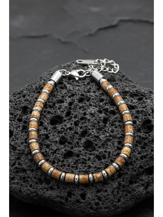 Erkek Çelik Bileklik - Kahverengi Boncuk Çelik Bileklik