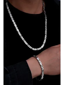 Erkek Gümüş Kolye Bileklik Set - 6.5mm Dikdörtgen Kesim Yassı Kral Gümüş Kolye Bileklik Set