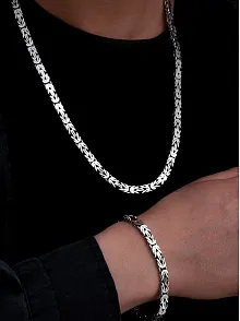 Erkek Gümüş Kolye Bileklik Set - 6.5mm Dikdörtgen Kesim Yassı Kral Gümüş Kolye Bileklik Set