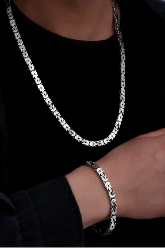 Erkek Gümüş Kolye Bileklik Set - 6.5mm Dikdörtgen Kesim Yassı Kral Gümüş Kolye Bileklik Set