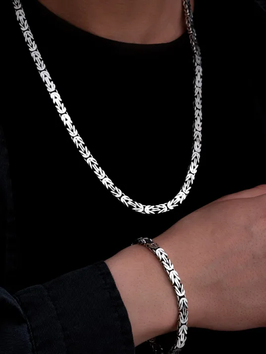Erkek Gümüş Kolye Bileklik Set - 6.5mm Dikdörtgen Kesim Yassı Kral Gümüş Kolye Bileklik Set