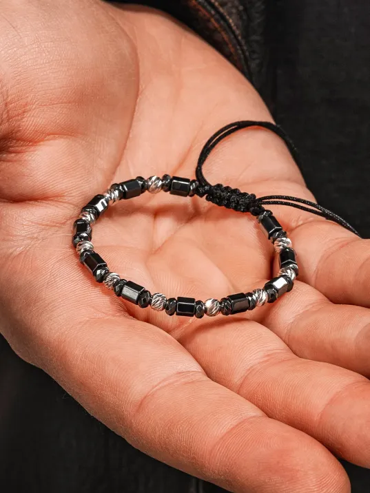 Siyah Hematit Taşlı Ayarlanabilir İpli 925 Ayar Gümüş Detaylı Erkek Bileklik Model 2