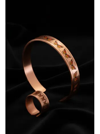 Kadın Bakır Bileklik Yüzük Set - Zodia Model Özel Baskı Metal Kutu Ve Kuvars Taşı