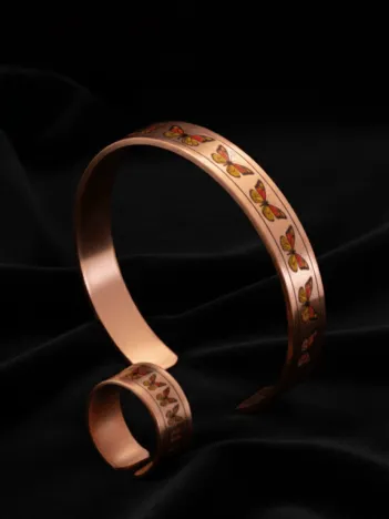 Kadın Bakır Bileklik Yüzük Set - Zodia Model Özel Baskı Metal Kutu Ve Kuvars Taşı