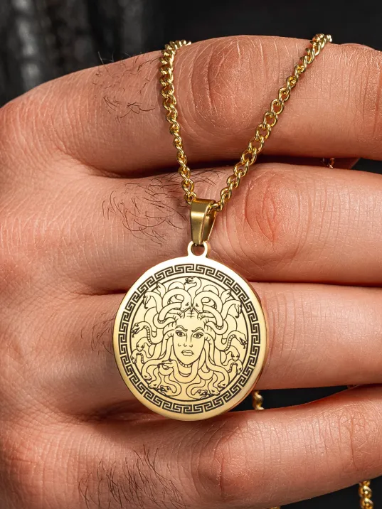Steel Aether Altın Kaplama Çelik Kadın Kolye Yunan Tanrısı Medusa İşlemeli Yuvarlak Plaka Kararmaz