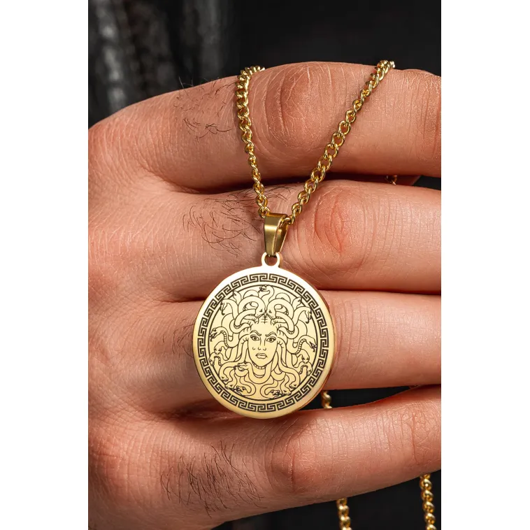 Steel Aether Altın Kaplama Çelik Kadın Kolye Yunan Tanrısı Medusa İşlemeli Yuvarlak Plaka Kararmaz Steel Aether Altın Kaplama Çelik Kadın Kolye Yunan Tanrısı Medusa İşlemeli Yuvarlak Plaka Kararmaz