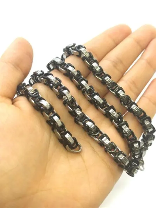 Erkek Çelik Siyah Beyaz Zincir Kolye Çift Renk Grek Motif CKLSYHZNR01