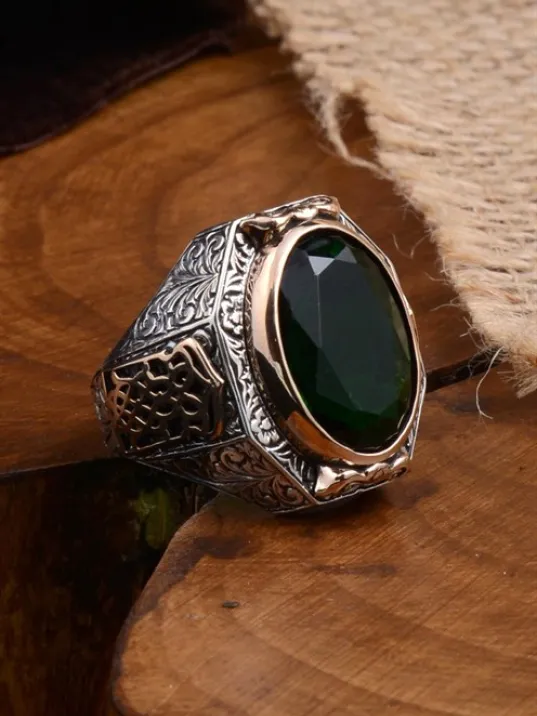 Yeşil Zirkon Taşlı Yanı İşlemeli Erkek Gümüş Yüzük