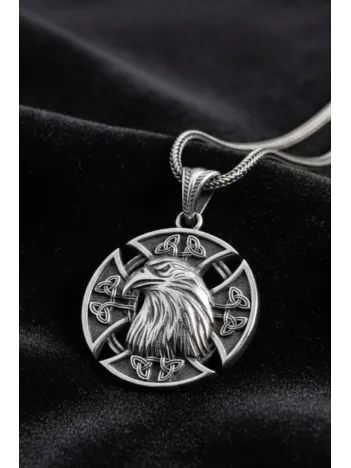 Erkek Gümüş Kolye - 925 Ayar Kabartmalı Kartal Kafası Motifli Tilki Kuyruğu Zincirli Erkek Kolye