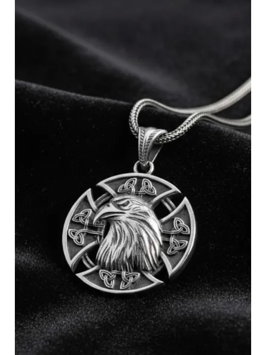 Erkek Gümüş Kolye - 925 Ayar Kabartmalı Kartal Kafası Motifli Tilki Kuyruğu Zincirli Erkek Kolye