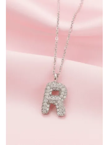 Kadın Gümüş Kolye - 925 Ayar Zirkon Taşlı Balon R Harfi Bayan Kolye