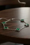 Kadın 925 Ayar Gümüş Yeşil Malakit Taşlı Yonca Model Zincir Bileklik