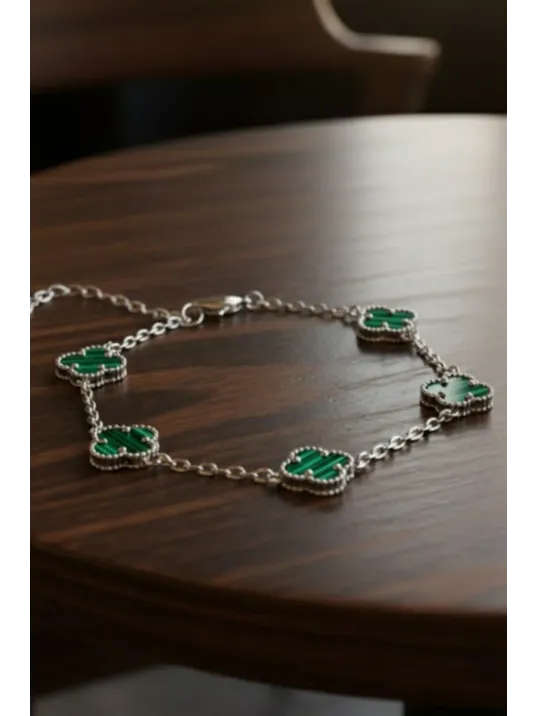 Kadın 925 Ayar Gümüş Yeşil Malakit Taşlı Yonca Model Zincir Bileklik