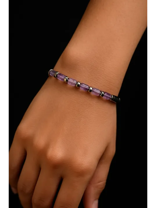 Erkek Çelik Bileklik - Mor Ametist Taşlı Çelik Bileklik
