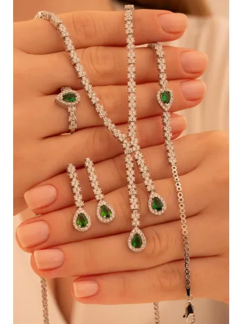 Kadın Gümüş Takı Seti - Peri Zümrüt Taşlı Damla Model Kolye, Bileklik, Yüzük, Küpe Tam Set
