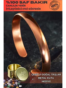Erkek Kadın Bakır Bileklik - İsim Yazılabilir Düz Parlak Model Metal Kutu Doğal