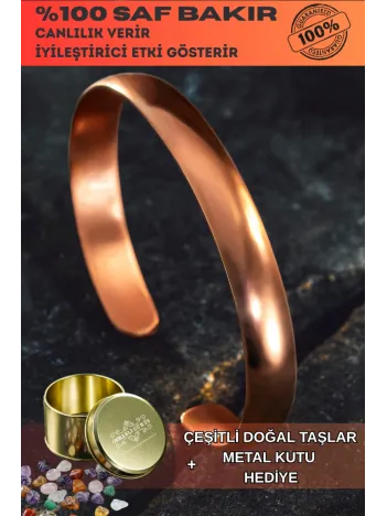Erkek Kadın Bakır Bileklik - İsim Yazılabilir Düz Parlak Model Metal Kutu Doğal