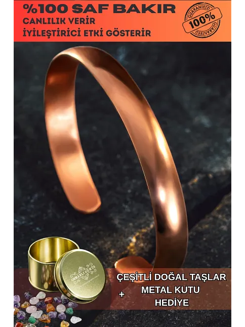 Erkek Kadın Bakır Bileklik - İsim Yazılabilir Düz Parlak Model Metal Kutu Doğal