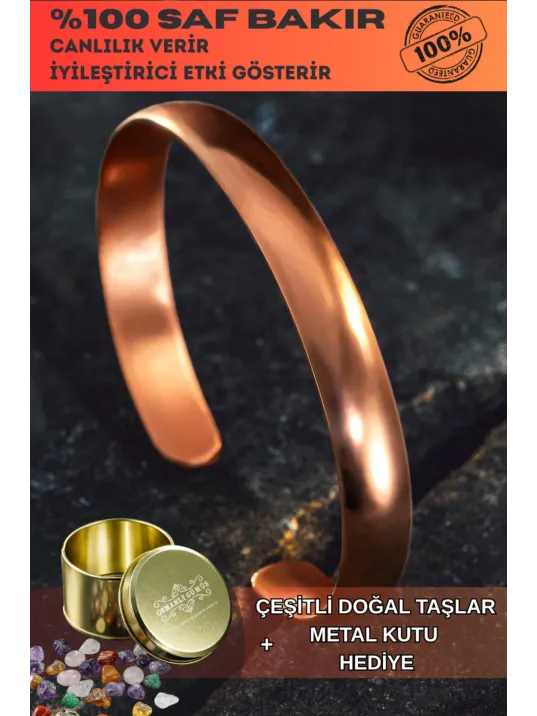 Erkek Kadın Bakır Bileklik - İsim Yazılabilir Düz Parlak Model Metal Kutu Doğal
