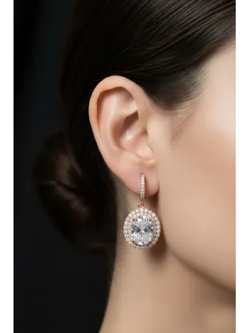 Kadın Gümüş Küpe - Yuvarlak Rose Kaplama Zirkon Taşlı Kadın Küpe