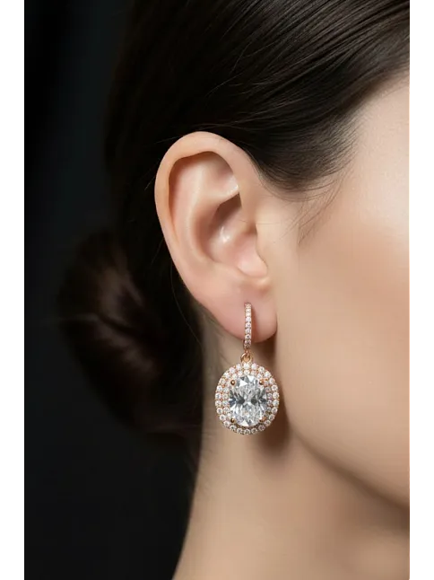 Kadın Gümüş Küpe - Yuvarlak Rose Kaplama Zirkon Taşlı Kadın Küpe