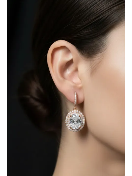 Kadın Gümüş Küpe - Yuvarlak Rose Kaplama Zirkon Taşlı Kadın Küpe