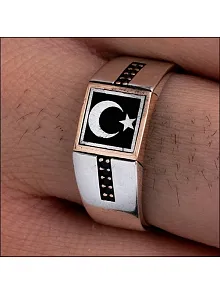 Erkek Gümüş Yüzük - Ay Yıldız Türk Bayrağı Siyah Zirkon Taşlı Erkek Yüzüğü