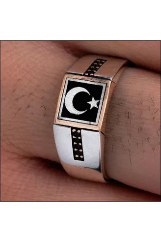 Erkek Gümüş Yüzük - Ay Yıldız Türk Bayrağı Siyah Zirkon Taşlı Erkek Yüzüğü