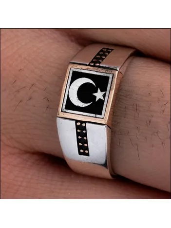 Erkek Gümüş Yüzük - Ay Yıldız Türk Bayrağı Siyah Zirkon Taşlı Erkek Yüzüğü