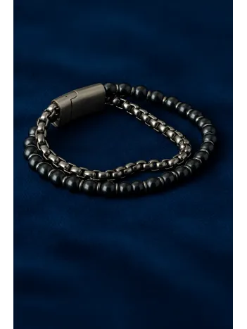 Erkek Çelik ve Oniks Taşlı Bileklik - Çift Sıra Kral Zincir Model