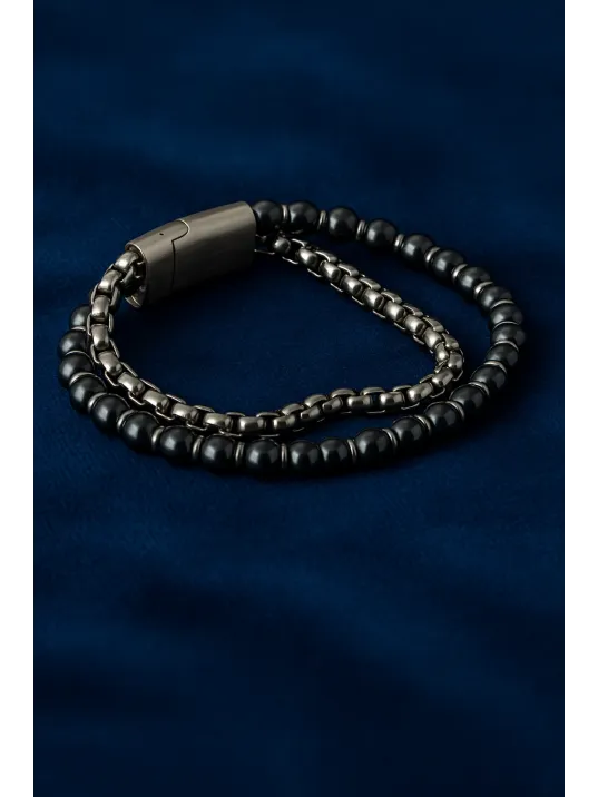 Erkek Çelik ve Oniks Taşlı Bileklik - Çift Sıra Kral Zincir Model