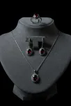 Kadın Gümüş Kolye Yüzük Küpe Set - Yuvarlak Doğal Kırmızı Safir Taşlı Gümüş Set
