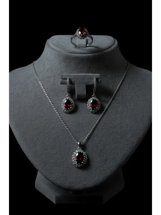 Kadın Gümüş Kolye Yüzük Küpe Set - Yuvarlak Doğal Kırmızı Safir Taşlı Gümüş Set