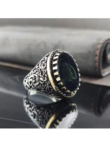 Dalga Desenli Kehribar Taşlı Gümüş Erkek Yüzük  GYZGMSGUMSS