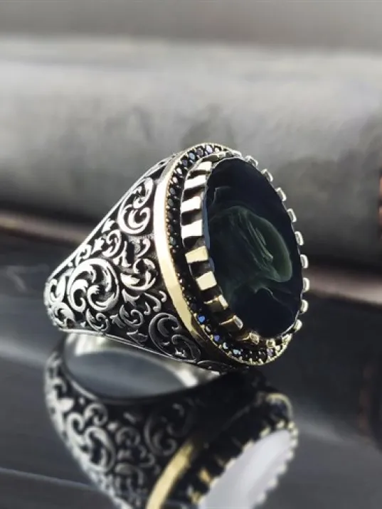 Dalga Desenli Kehribar Taşlı Gümüş Erkek Yüzük  GYZGMSGUMSS