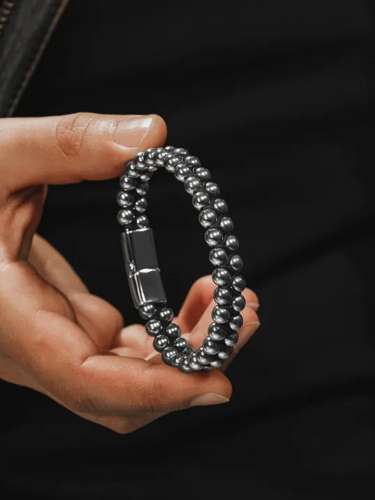 Erkek Doğal Taş Bileklik - Çift Sıra Örgü Hematit Doğal Taş Erkek Bileklik
