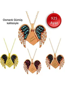 Melek Kanatlı İsim Yazılabilen Bayan Gümüş Kolye Orta Boy-Sarı
