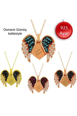 Melek Kanatlı İsim Yazılabilen Bayan Gümüş Kolye Orta Boy-Bordo