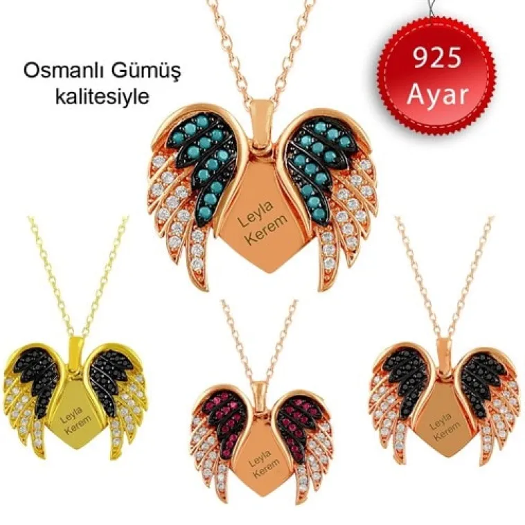 Melek Kanatlı İsim Yazılabilen Bayan Gümüş Kolye Orta Boy-Sarı