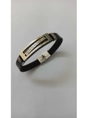 Grek Desenli Deri Kauçuk Çelik Erkek Bileklik