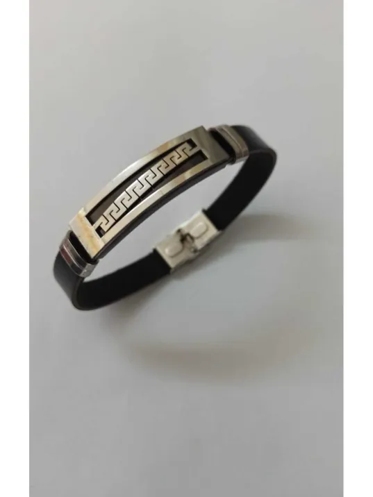 Grek Desenli Deri Kauçuk Çelik Erkek Bileklik