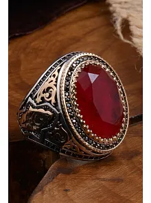 Kırmızı Zirkon Taşlı Yanı Selçuklu Arma ve Hilal Yıldız İşlemeli Erkek Gümüş Yüzük