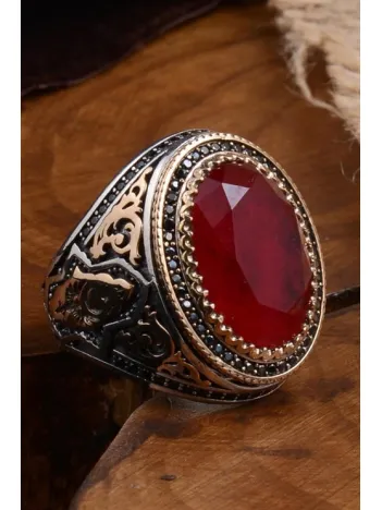 Kırmızı Zirkon Taşlı Yanı Selçuklu Arma ve Hilal Yıldız İşlemeli Erkek Gümüş Yüzük